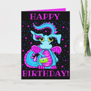 Cartão Cartoon de Aniversário Personalizado Dragão Azul F