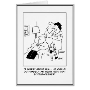 Cartão Cartoon de ferimentos ao abrir a cerveja e o frasc