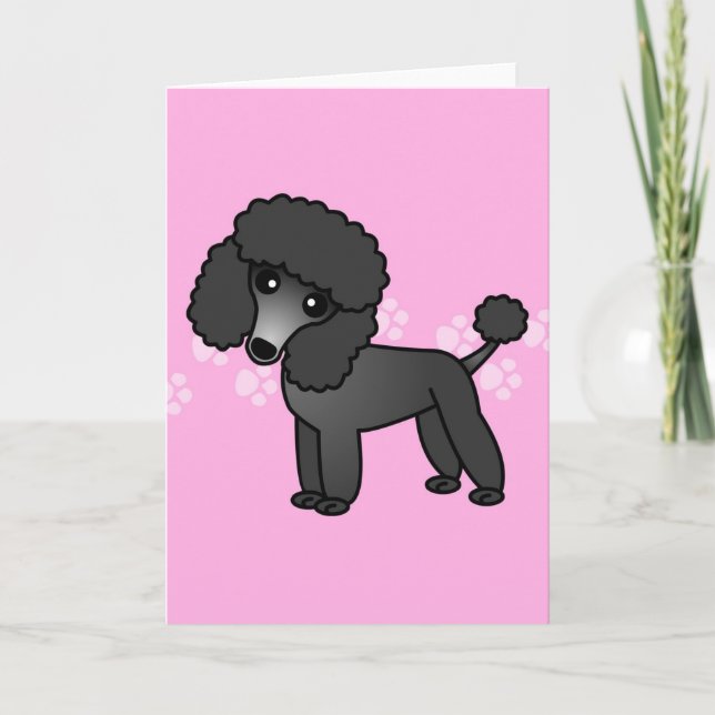Cartão Cartoon de Poodle Preto Cinto - Pawprint Rosa (Frente)