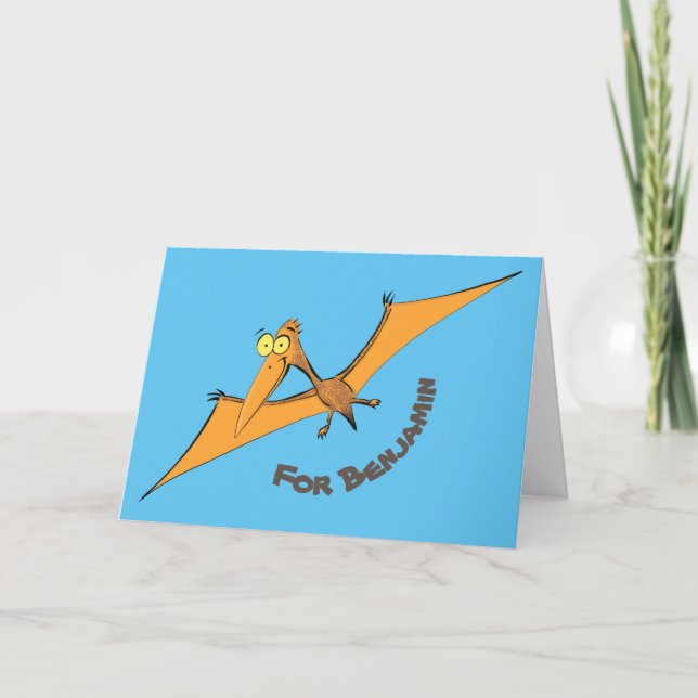 Cartão Cartoon de pterodátilo, cor de laranja giro e engr (Frente)