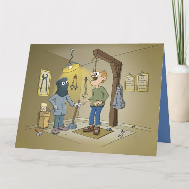 Cartão cartoon; een tand laten trekken bij de tandarts (Frente)