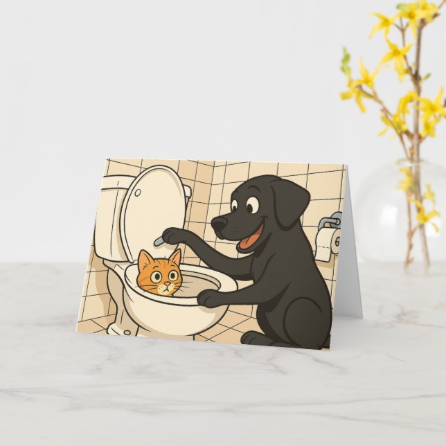 Cartão Cartoon engraçado de Labrador preto e gato no banh (Flor Amarela)