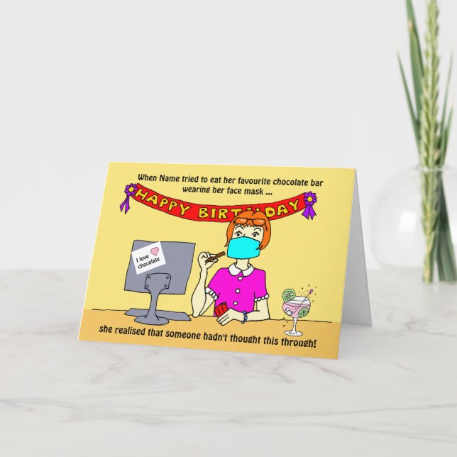 Cartão Cartoon Engraçado Mulher Encara Máscara Chocolate (Frente)