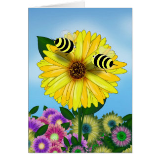 Cartão Cartoon Honey Bees Meeting em Flor Amarelo