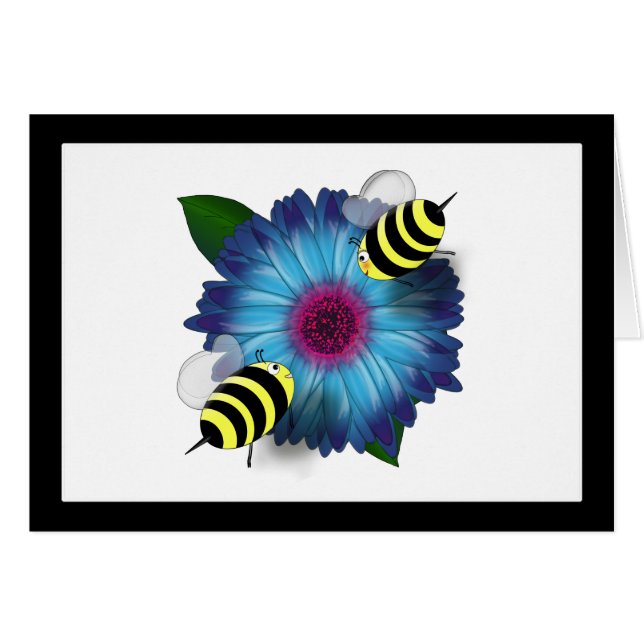 Cartão Cartoon Honey Bees Meeting on Blue Flower (Frente Horizontal)