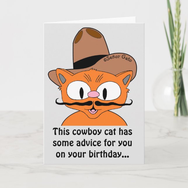 Cartão Cartoon Humorístico Cartoon Cowboy Mustache Cat (Frente)