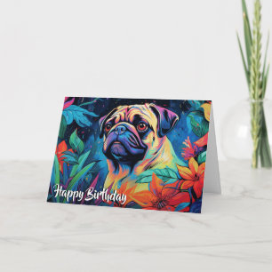 Cartão Cartoon Pug em um Jardim Personalizado