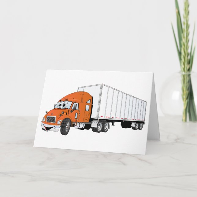 Cartão Cartoon Semi Truck Orange White Trailer (Frente)