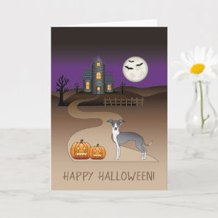 Cartão Casa Assombrada De Azul E Branco E Halloween