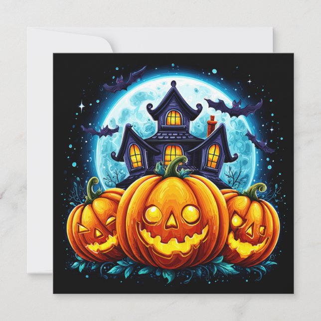 Cartão Casa Assombrada e Abóboras de Halloween (Frente)