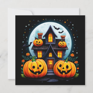 Cartão Casa Assombrada e Abóboras de Halloween
