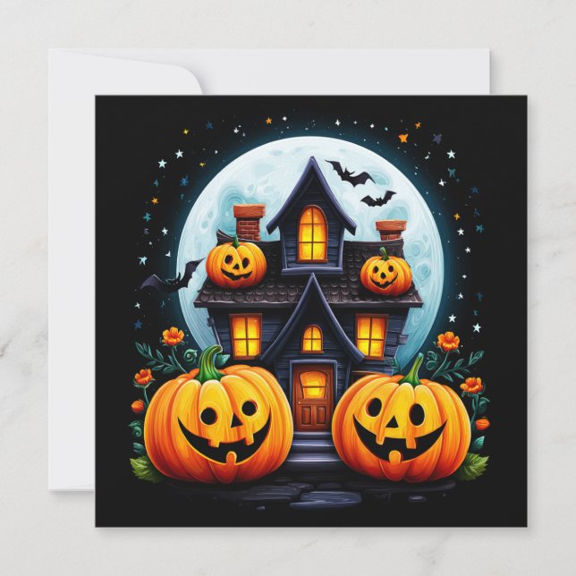 Cartão Casa Assombrada e Abóboras de Halloween (Frente)