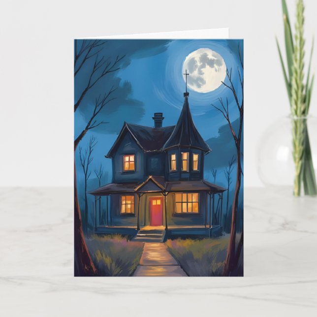 Cartão Casa Assombrada Halloween Pintada à Mão (Frente)