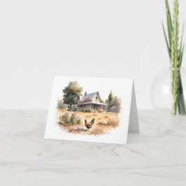 Cartão Casa da Fazenda antiga com frango e flores
