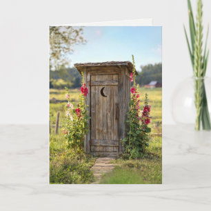 Cartão Casa de Banheiro Antiga com Hollyhocks no Aniversá