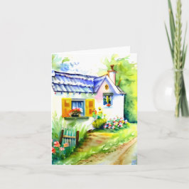 Cartão Casa de campo em aquarela e flores personalizáveis