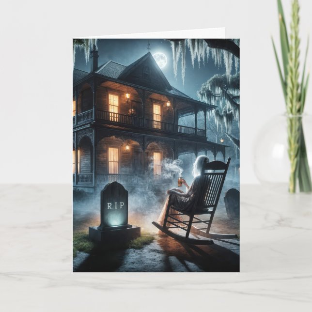 Cartão Casa De Halloween Assombrada Com Tombstone (Frente)