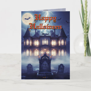 Cartão Casa de Halloween com Frankie, Azul Escuro