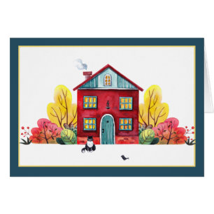 Cartão Casa de outono e gato 