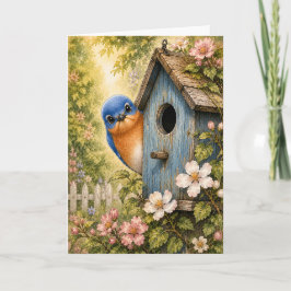 Cartão Casa de pássaro azul Peekaboo aquarela em branco