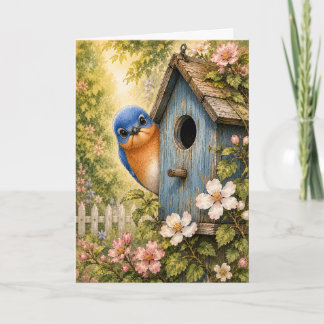 Cartão Casa de pássaro azul Peekaboo aquarela em branco
