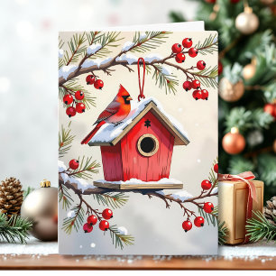 Cartão Casa de pássaros Cardinal de Natal no ramo de pinh