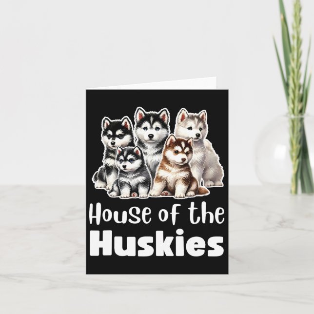 Cartão Casa dos Huskies Cachorrinhos Husky Fofos Aquarela (Frente)