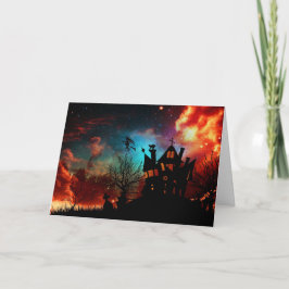 Cartão Casa e bruxa assombradas o Dia das Bruxas felizes