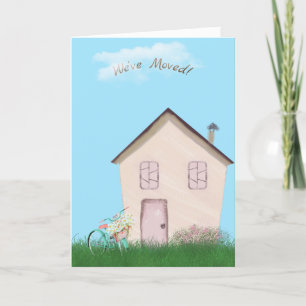 Cartão casa rosa com bicicleta e gato para casa nova