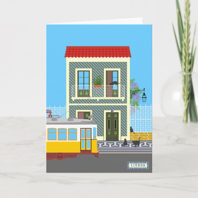 Cartão Casa velha de Lisboa com gatos e elétrico amarelo (Frente)