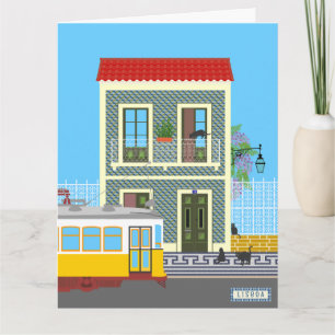 Cartão Casa velha de Lisboa com gatos e elétrico amarelo