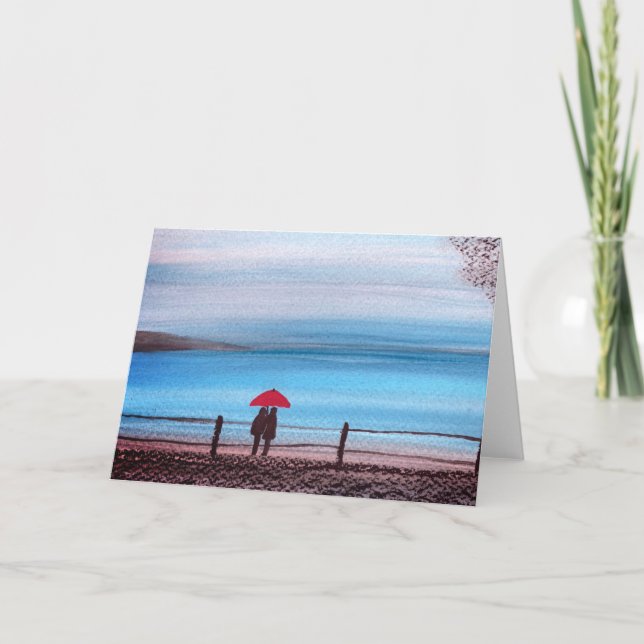Cartão Casal apaixonado por um guarda-chuva vermelho (Frente)