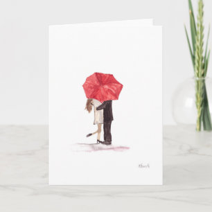 Cartão Casal apaixonado sob guarda-chuva vermelho rústico