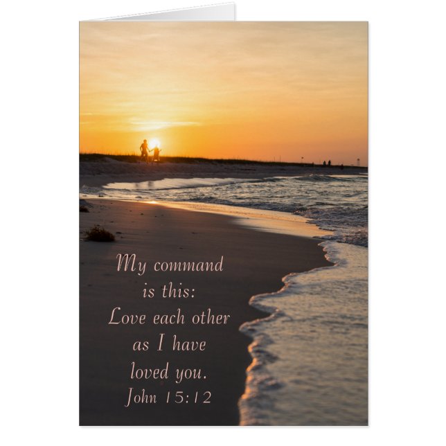 Cartão Casal Caminhando Praia No Sunrise - Placa John 15: (Frente)