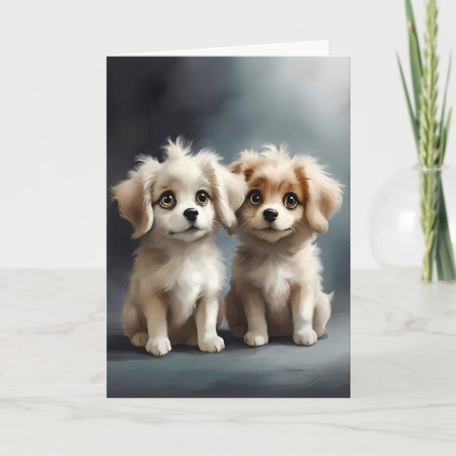 Cartão Casal de adoráveis irmãos cachorrinhos Retrato Mel (Frente)