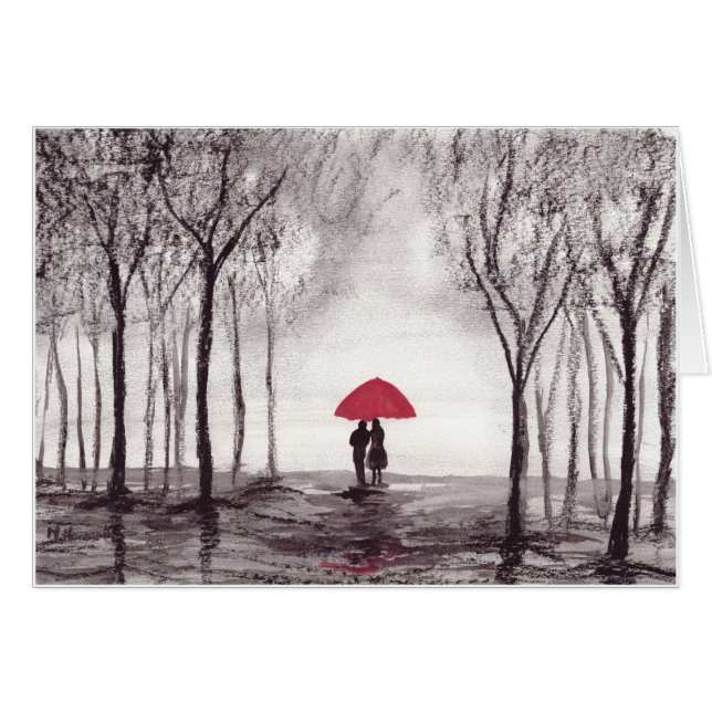 Cartão Casal de amor do guarda-chuva vermelho (Frente Horizontal)