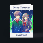 Cartão Casal de anime Natal romântico<br><div class="desc">Cartão de Natal com um casal anime fofo com um fundo de pinheiro nevado.</div>
