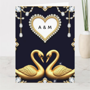 Cartão Casal de Cisnes de Casamento Com Alianças de Ouro