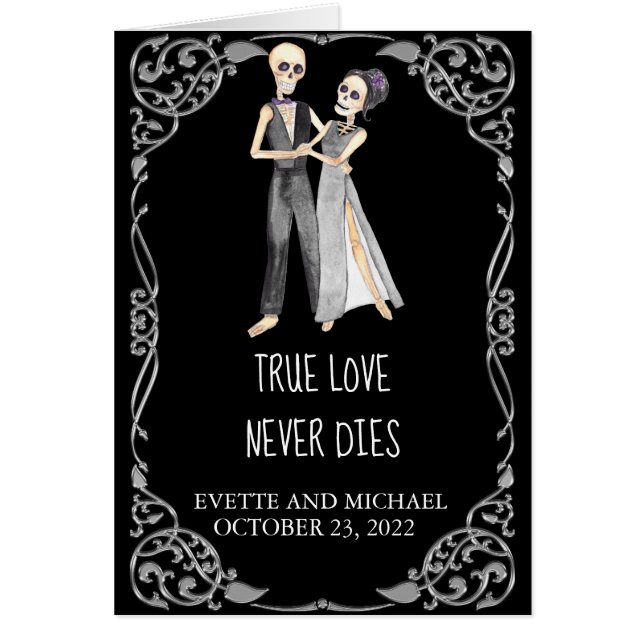 Cartão Casal de Esqueleto de Halloween Parabéns de Casame (Frente)