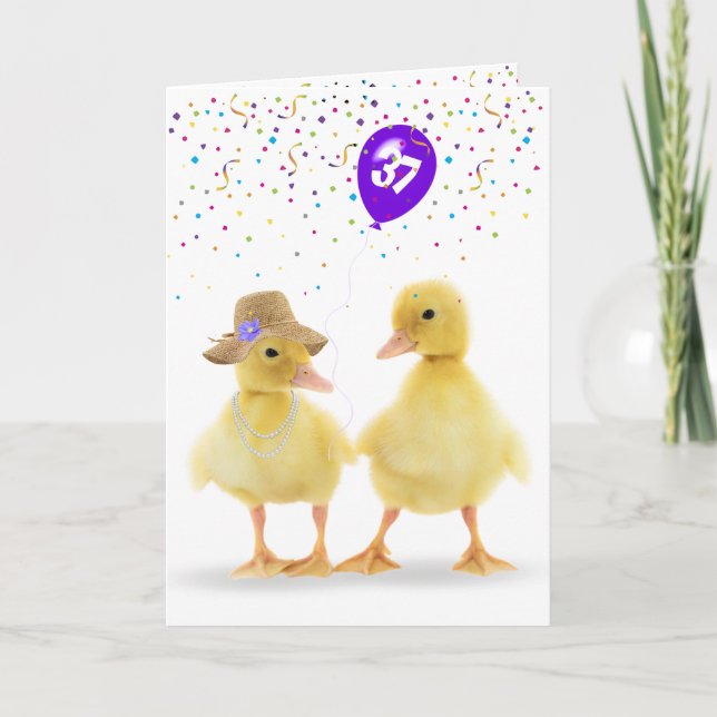 Cartão Casal De Pato Bonito Com O 37º Balão De Aniversári (Frente)