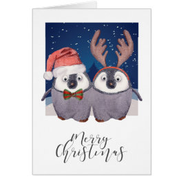 Cartão Casal de Pinguins de Natal Bonito Papai Noel e Ren