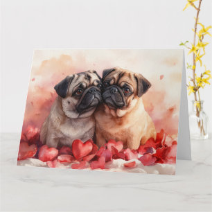 Cartão Casal de Pug Romântico Aquarela Amor Sensível