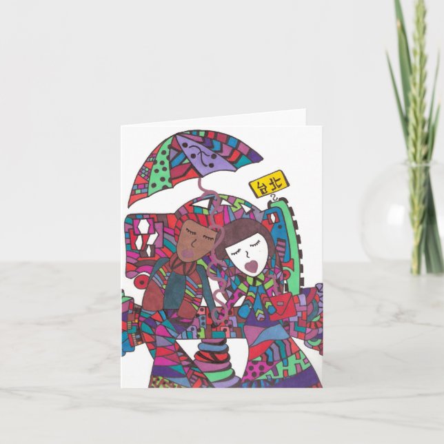 Cartão casal esperando o ônibus em uma placa de anotação (Frente)