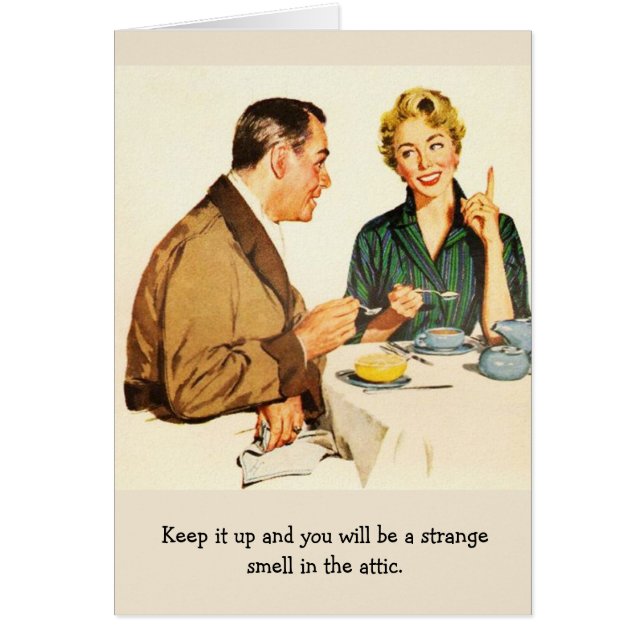 Cartão Casal retro - cheiro estranho no sótão, (Frente)