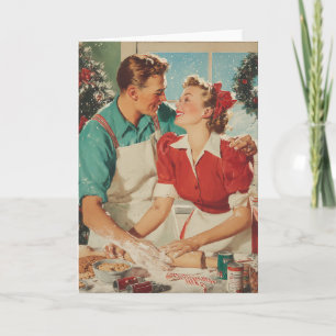 Cartão Casal Retro de Natal Assando Amor