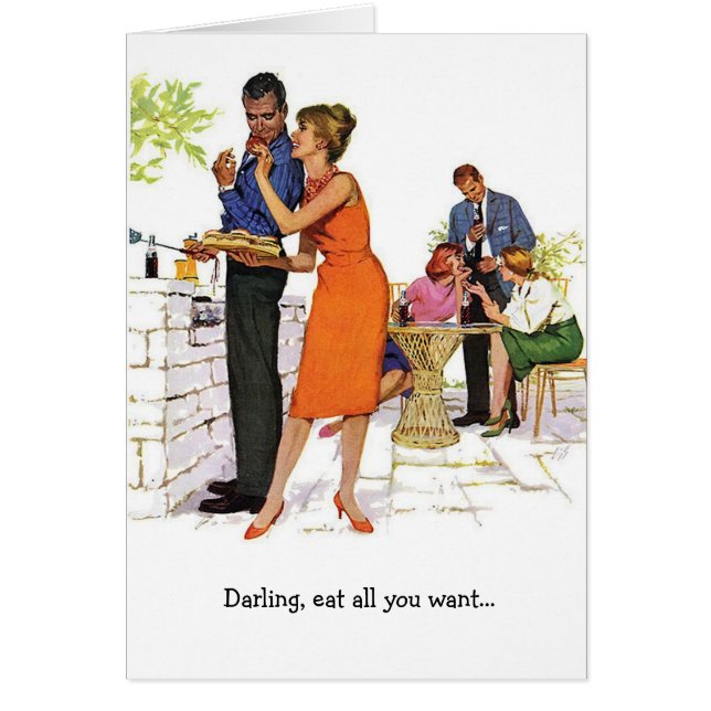 Cartão Casal retro - Farting na cama, (Frente)