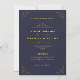 Cartão Casamento Clássico Elegante azul-marinho e Dourado