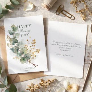 Cartão Casamento de Eucalipto em Aquarela com Verde Doura