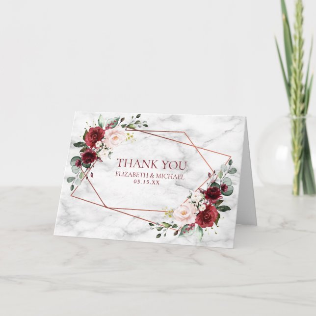 Cartão Casamento de Foto de Marble Geométrico Burgundy de (Frente)