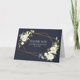 Cartão Casamento de Foto Floral Branco Azul Geométrico